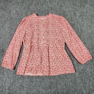 Lands End Womens Small Red Floral‎ Pintuck Band Collar Cotton Modal Blouse Top
